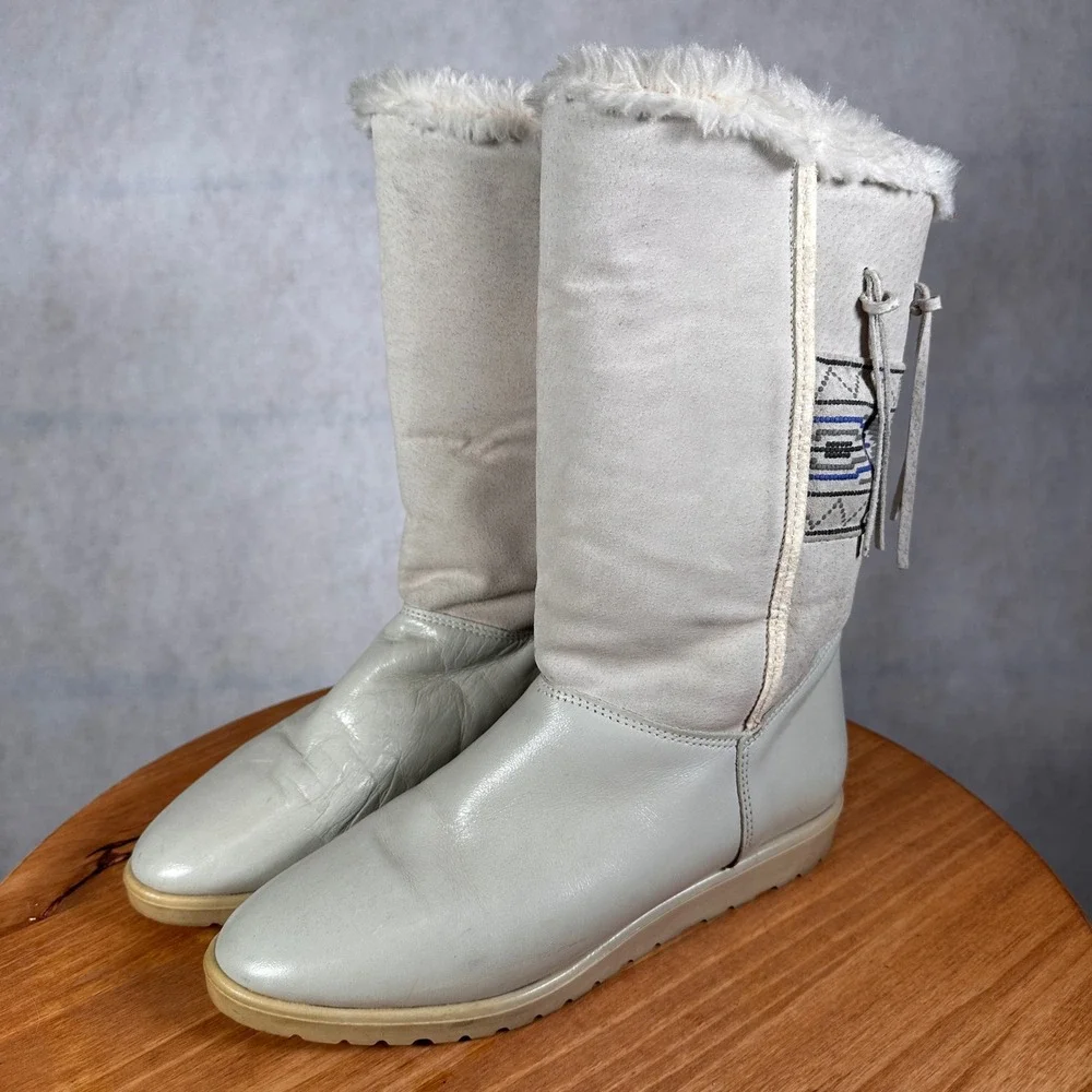 Made in Italy Winter Boots Women 39 Grey Good Faux Fur Tassel Geometric Boho